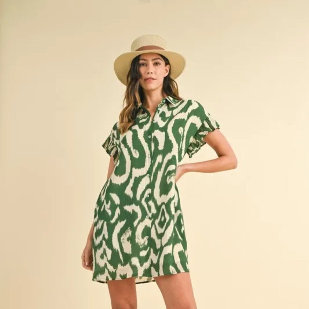 Annie Wear Abstract Printed Frill Sleeve Shirt Mini Dress